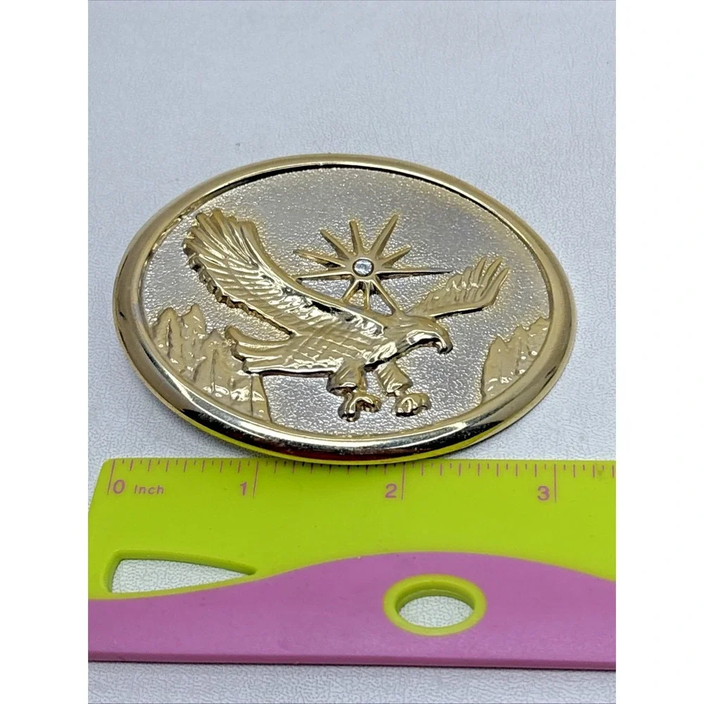 Bald Eagle Oval Belt Buckle Silver Gold w Rhinestone Vintage 80s Fits 1.75